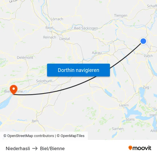 Niederhasli to Biel/Bienne map
