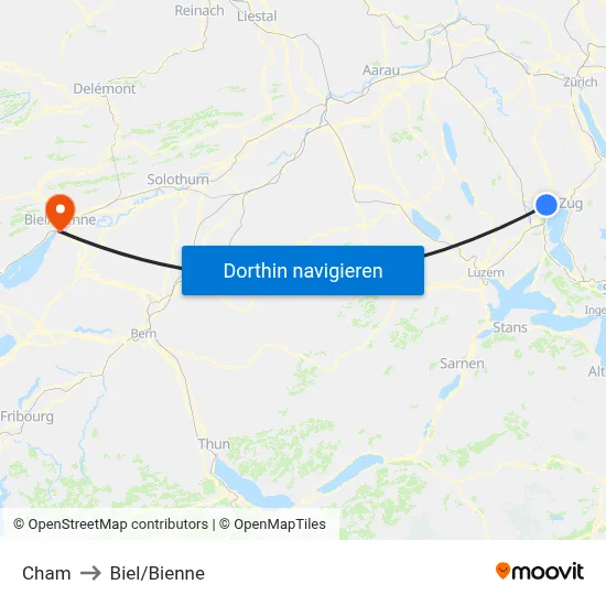 Cham to Biel/Bienne map
