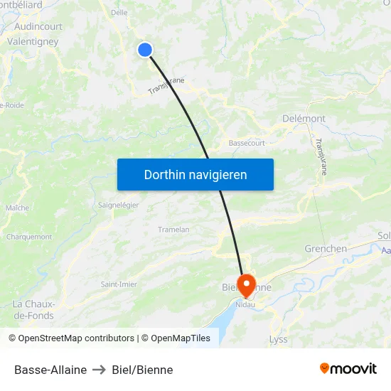 Basse-Allaine to Biel/Bienne map