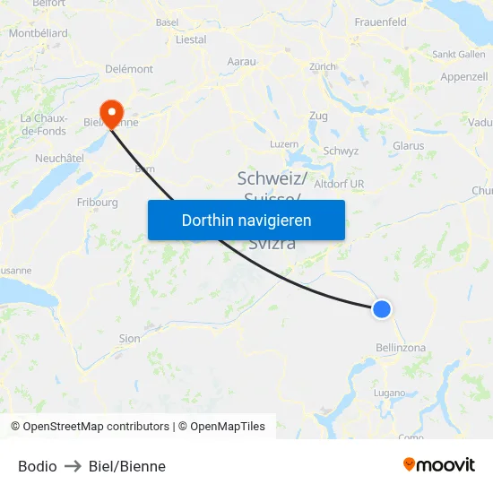Bodio to Biel/Bienne map