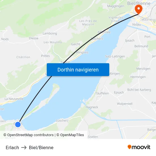 Erlach to Biel/Bienne map