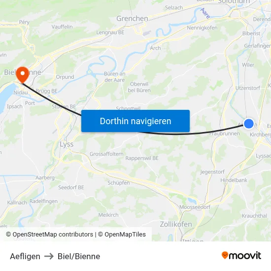 Aefligen to Biel/Bienne map