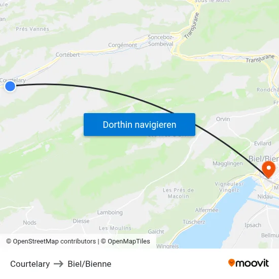 Courtelary to Biel/Bienne map