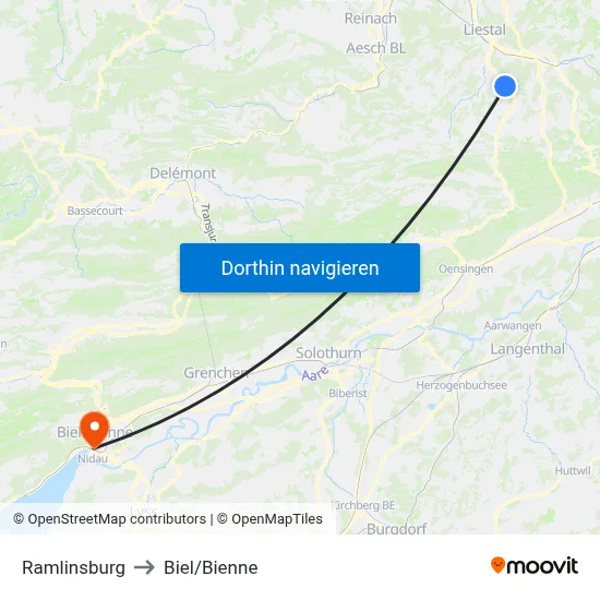 Ramlinsburg to Biel/Bienne map