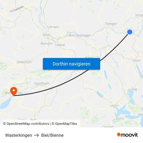 Wasterkingen to Biel/Bienne map