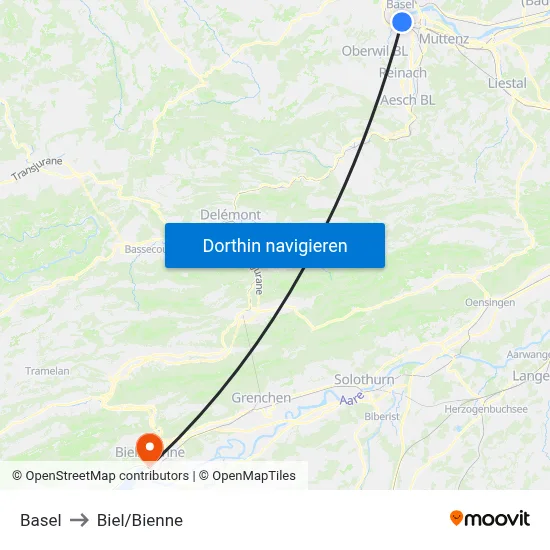 Basel to Biel/Bienne map