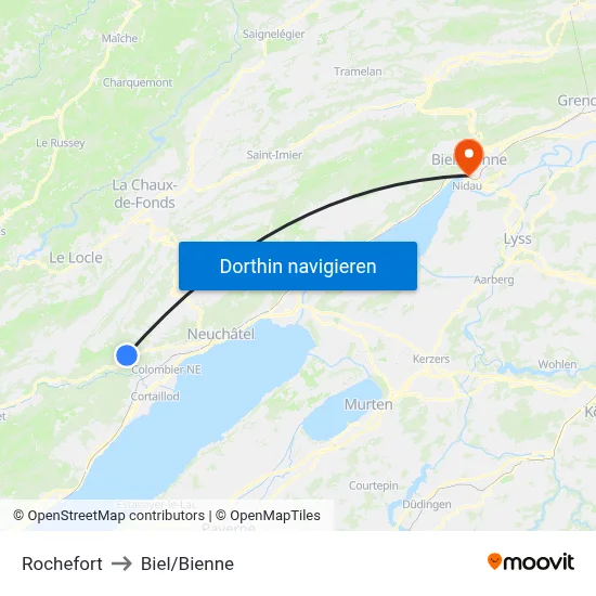 Rochefort to Biel/Bienne map