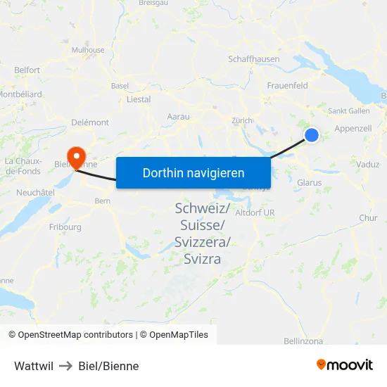 Wattwil to Biel/Bienne map