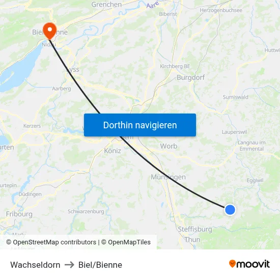 Wachseldorn to Biel/Bienne map