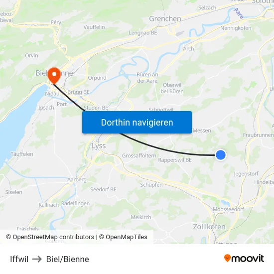 Iffwil to Biel/Bienne map