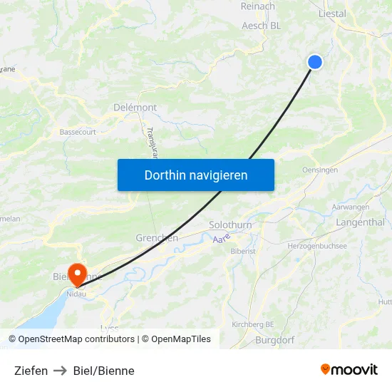 Ziefen to Biel/Bienne map