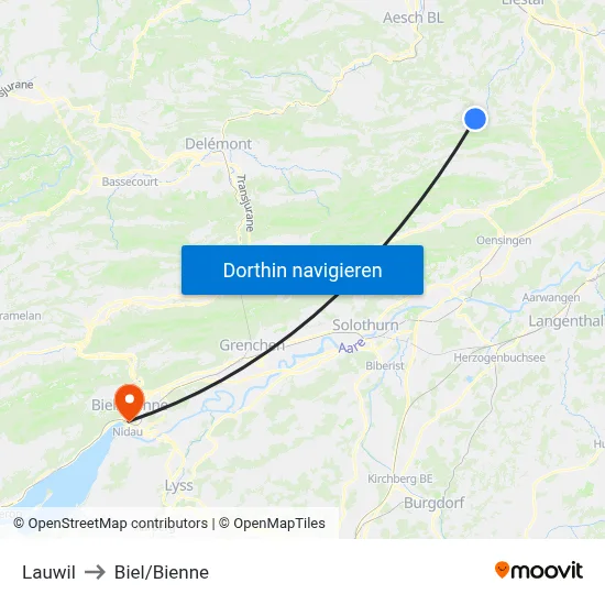 Lauwil to Biel/Bienne map
