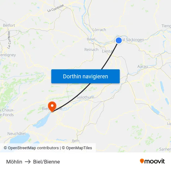 Möhlin to Biel/Bienne map