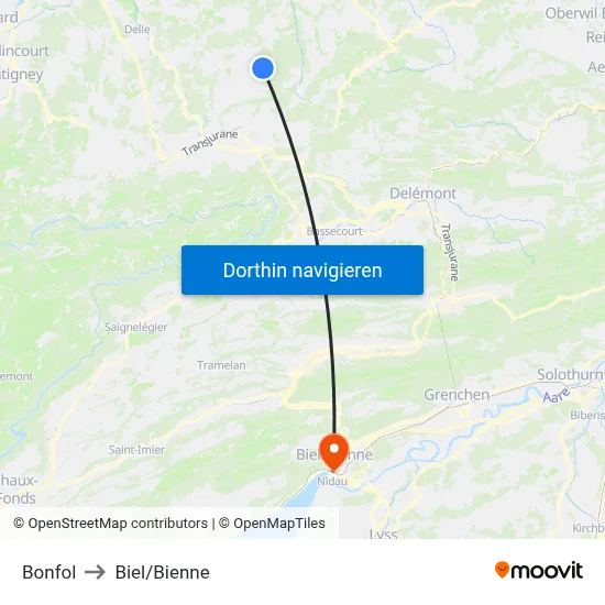 Bonfol to Biel/Bienne map