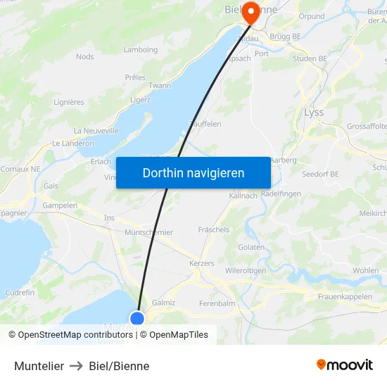 Muntelier to Biel/Bienne map