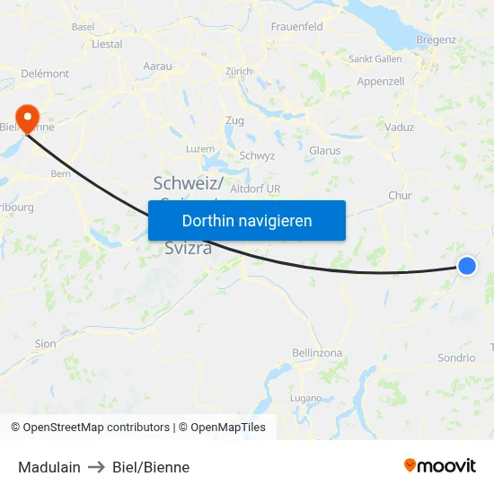 Madulain to Biel/Bienne map