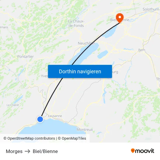 Morges to Biel/Bienne map