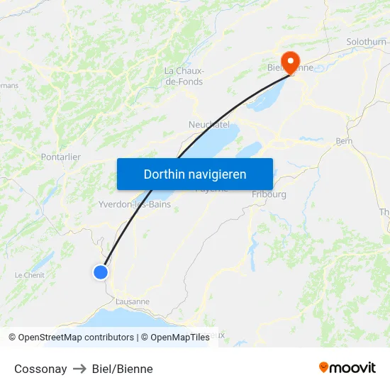 Cossonay to Biel/Bienne map