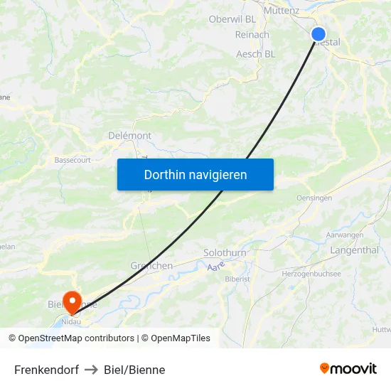 Frenkendorf to Biel/Bienne map