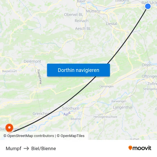 Mumpf to Biel/Bienne map