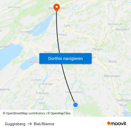 Guggisberg to Biel/Bienne map