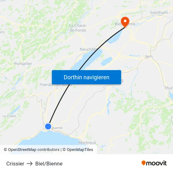 Crissier to Biel/Bienne map
