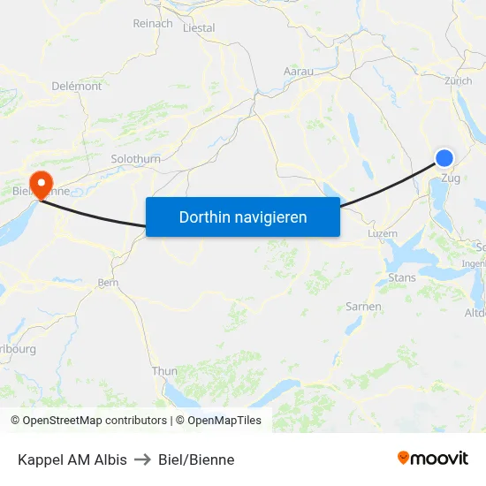 Kappel AM Albis to Biel/Bienne map