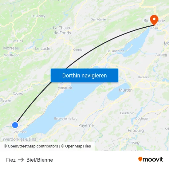 Fiez to Biel/Bienne map