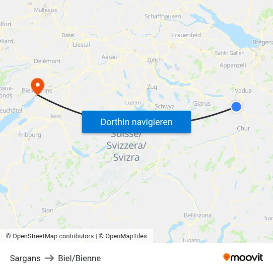 Sargans to Biel/Bienne map