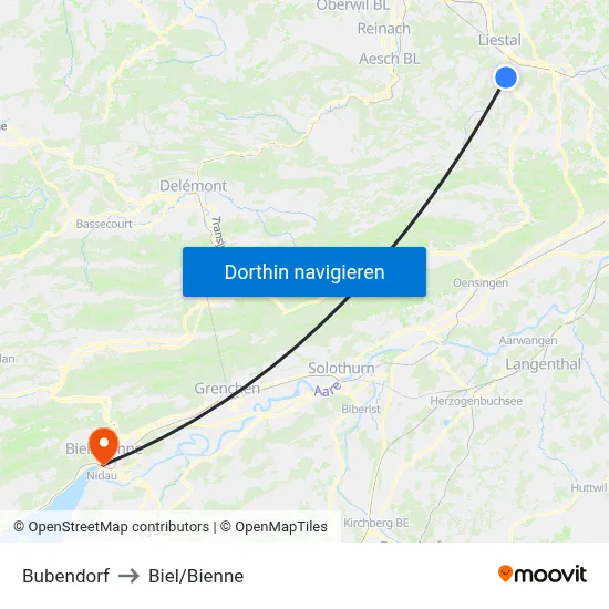 Bubendorf to Biel/Bienne map