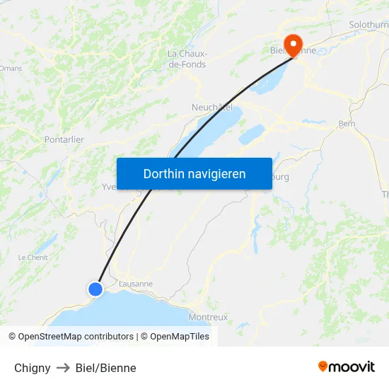 Chigny to Biel/Bienne map