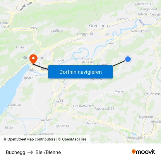 Buchegg to Biel/Bienne map