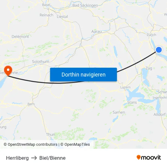 Herrliberg to Biel/Bienne map