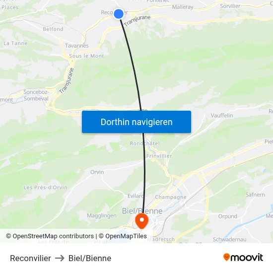 Reconvilier to Biel/Bienne map