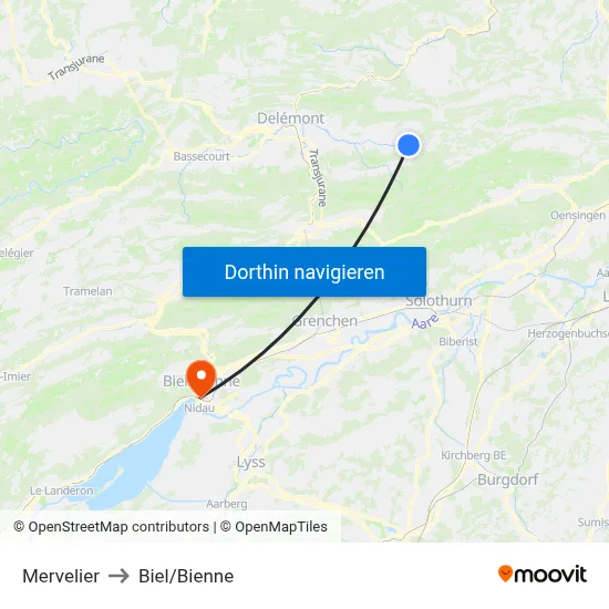 Mervelier to Biel/Bienne map