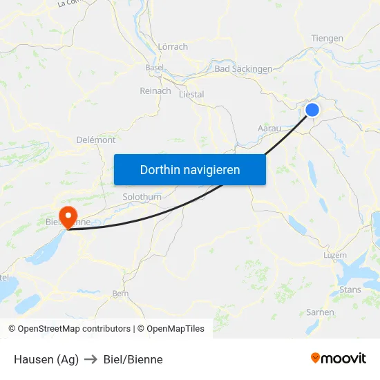 Hausen (Ag) to Biel/Bienne map
