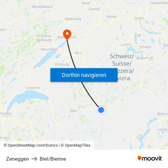 Zeneggen to Biel/Bienne map