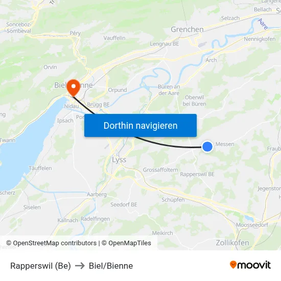 Rapperswil (Be) to Biel/Bienne map