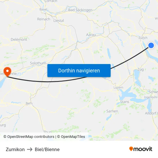 Zumikon to Biel/Bienne map
