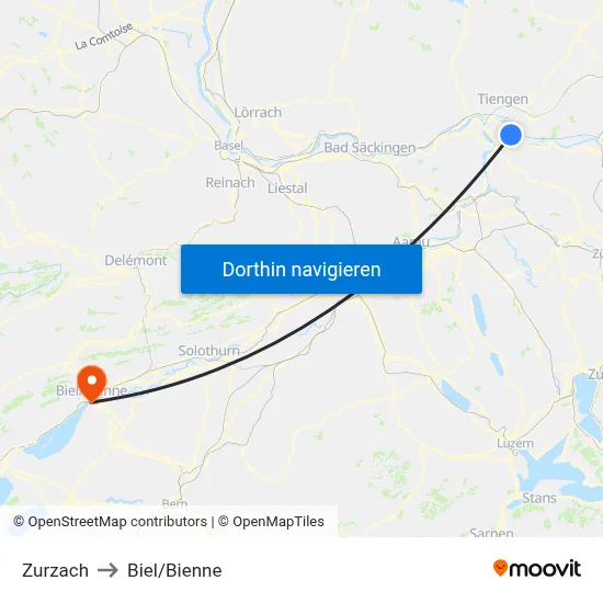 Zurzach to Biel/Bienne map