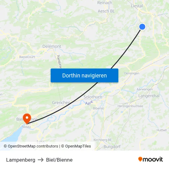 Lampenberg to Biel/Bienne map