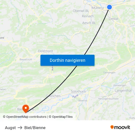 Augst to Biel/Bienne map