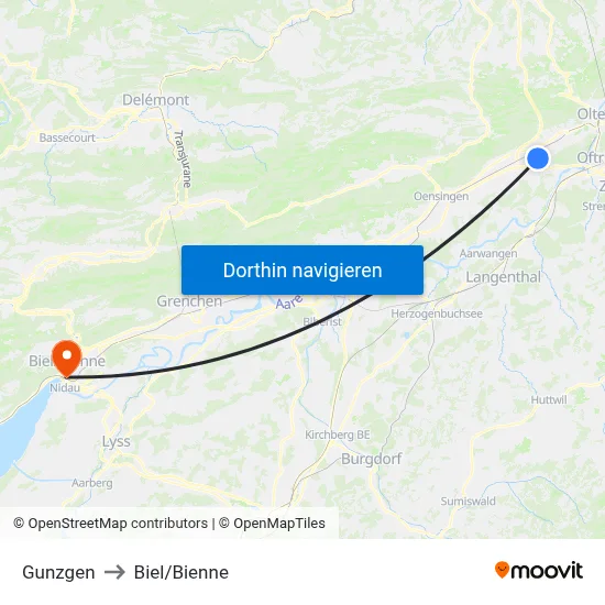 Gunzgen to Biel/Bienne map