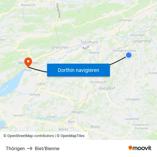 Thörigen to Biel/Bienne map