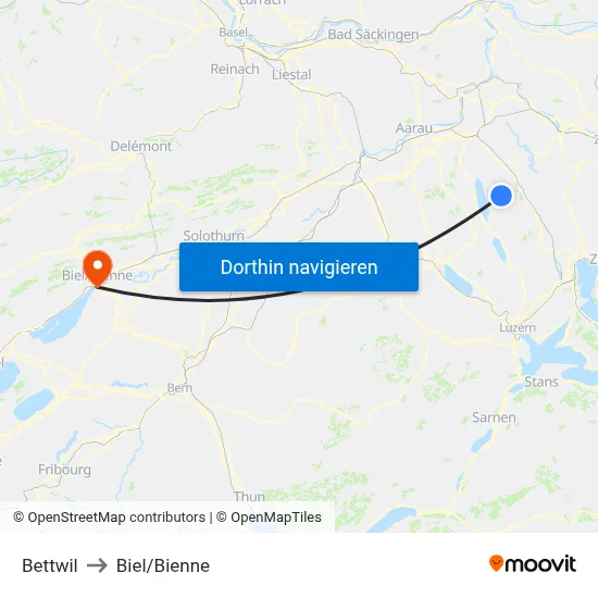 Bettwil to Biel/Bienne map