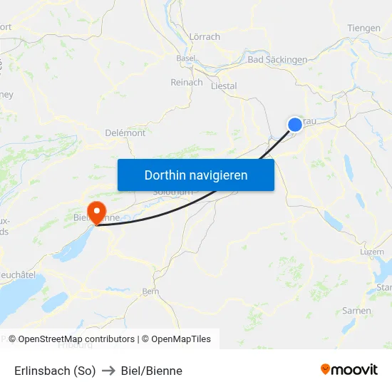 Erlinsbach (So) to Biel/Bienne map