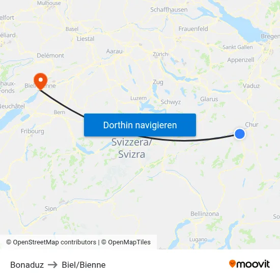 Bonaduz to Biel/Bienne map