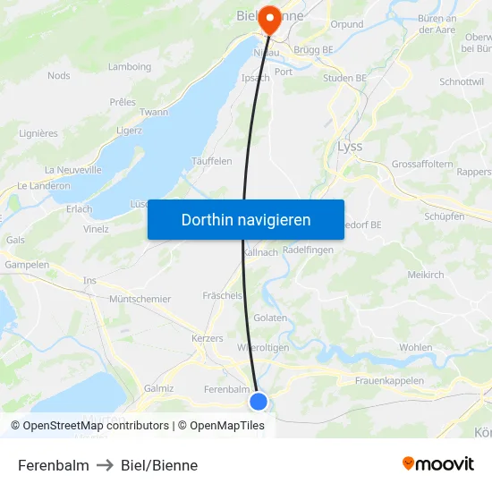Ferenbalm to Biel/Bienne map