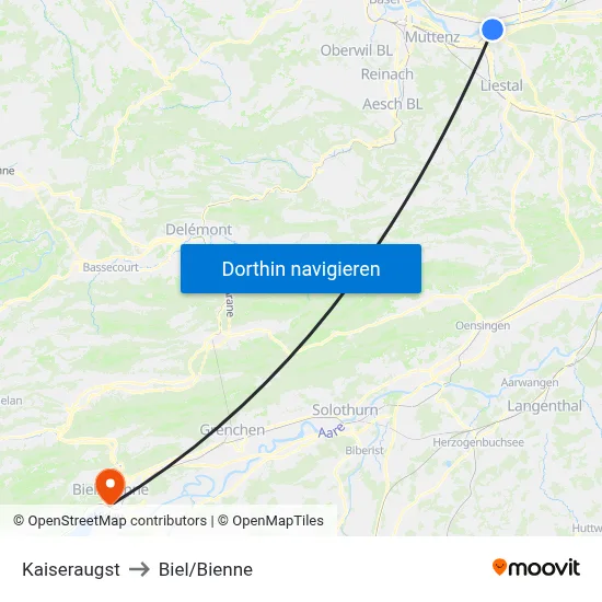 Kaiseraugst to Biel/Bienne map