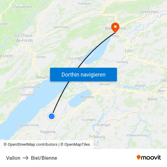 Vallon to Biel/Bienne map
